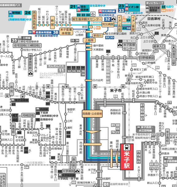 (21-24)皆生線(32-33)イオン線(38)米子産業体育線路線図