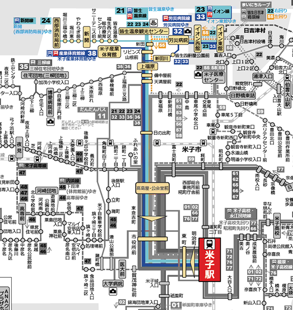 (21-24)皆生線(32-33)イオン線(38)米子産業体育線路線図